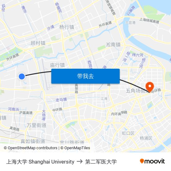 上海大学 Shanghai University to 第二军医大学 map