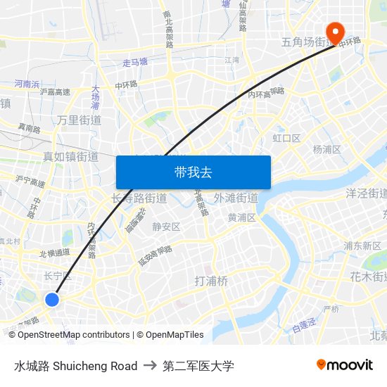水城路 Shuicheng Road to 第二军医大学 map