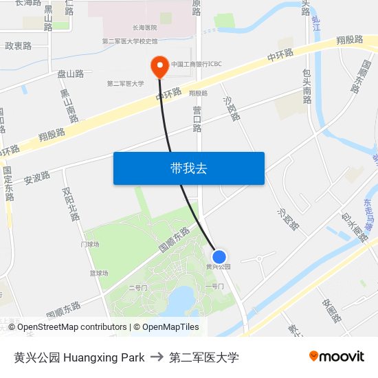 黄兴公园 Huangxing Park to 第二军医大学 map