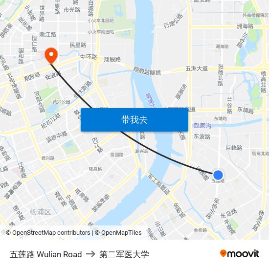 五莲路 Wulian Road to 第二军医大学 map