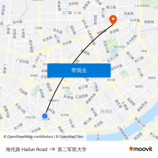海伦路 Hailun Road to 第二军医大学 map