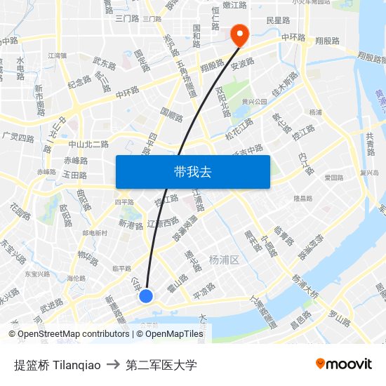 提篮桥 Tilanqiao to 第二军医大学 map