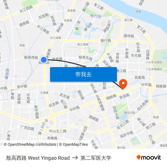殷高西路 West Yingao Road to 第二军医大学 map