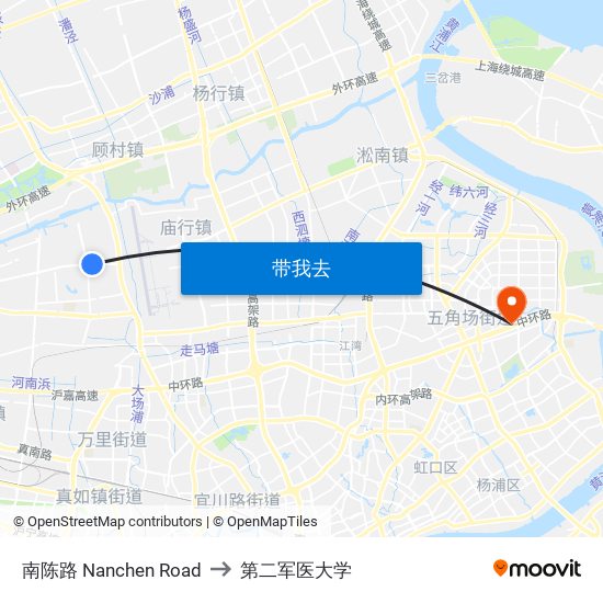 南陈路 Nanchen Road to 第二军医大学 map