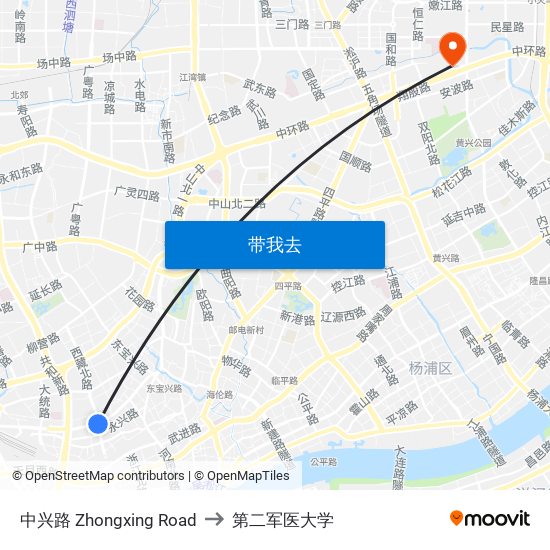 中兴路 Zhongxing Road to 第二军医大学 map