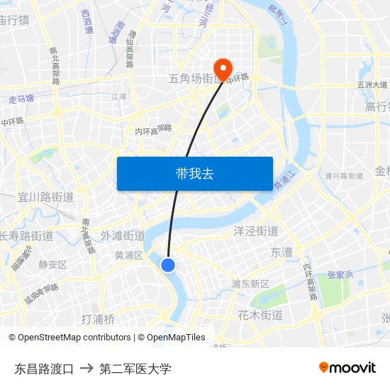 东昌路渡口 to 第二军医大学 map