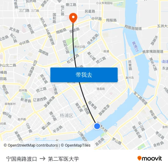 宁国南路渡口 to 第二军医大学 map