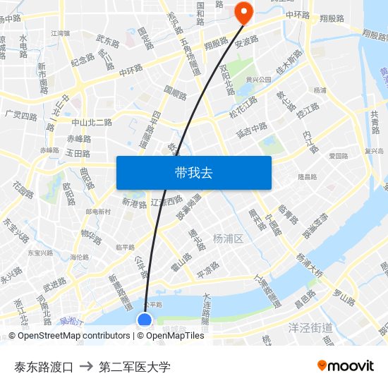 泰东路渡口 to 第二军医大学 map
