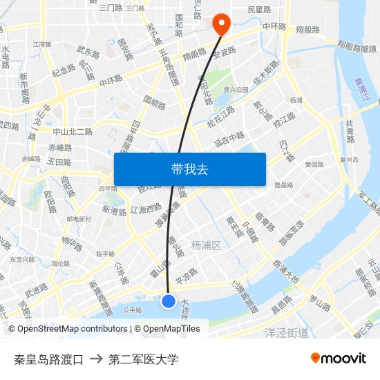 秦皇岛路渡口 to 第二军医大学 map