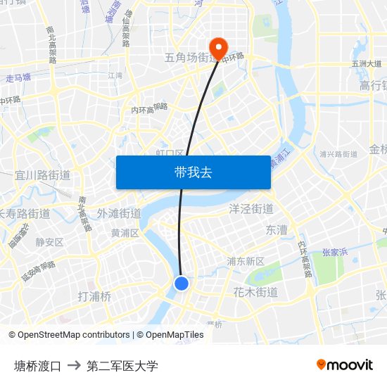 塘桥渡口 to 第二军医大学 map