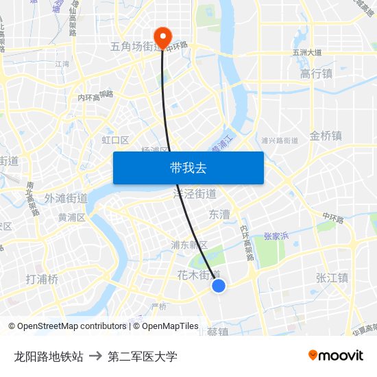 龙阳路地铁站 to 第二军医大学 map