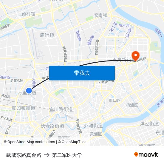 武威东路真金路 to 第二军医大学 map