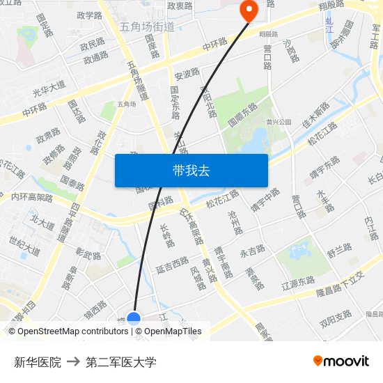 新华医院 to 第二军医大学 map