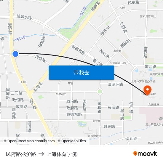 民府路淞沪路 to 上海体育学院 map