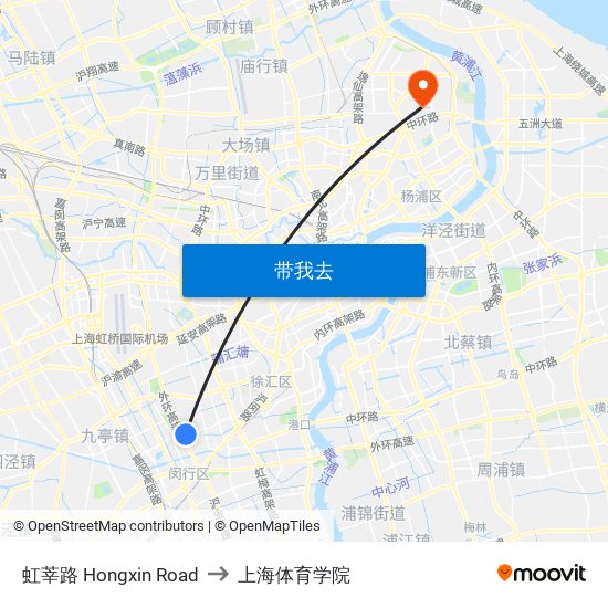 虹莘路 Hongxin Road to 上海体育学院 map