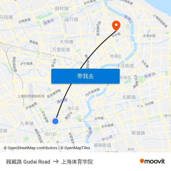 顾戴路 Gudai Road to 上海体育学院 map