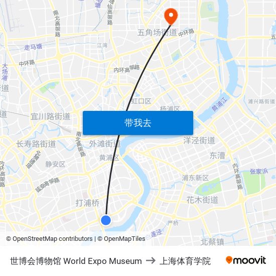 世博会博物馆 World Expo Museum to 上海体育学院 map