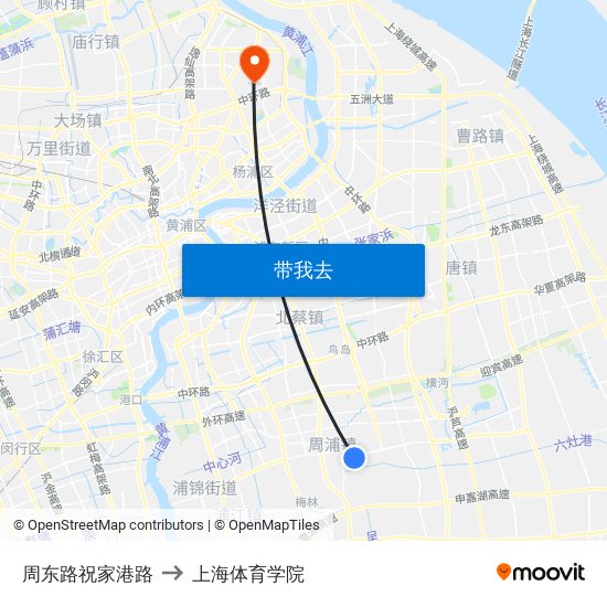 周东路祝家港路 to 上海体育学院 map