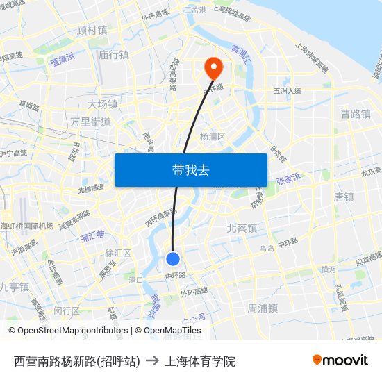 西营南路杨新路(招呼站) to 上海体育学院 map