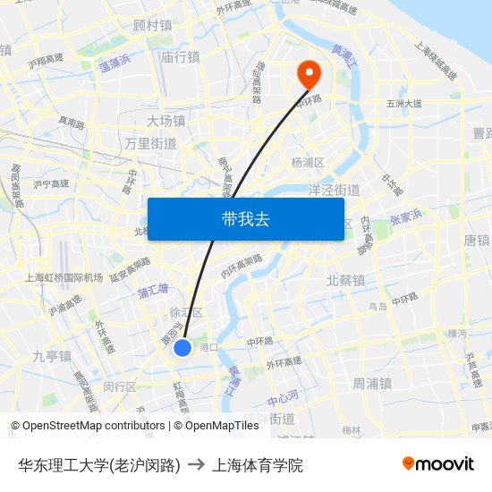 华东理工大学(老沪闵路) to 上海体育学院 map
