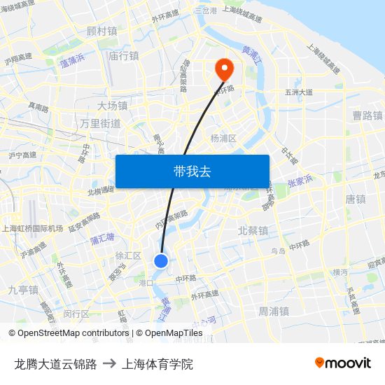 龙腾大道云锦路 to 上海体育学院 map