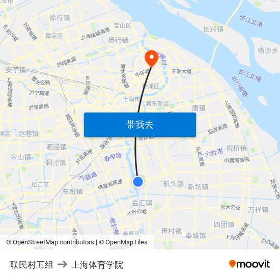 联民村五组 to 上海体育学院 map