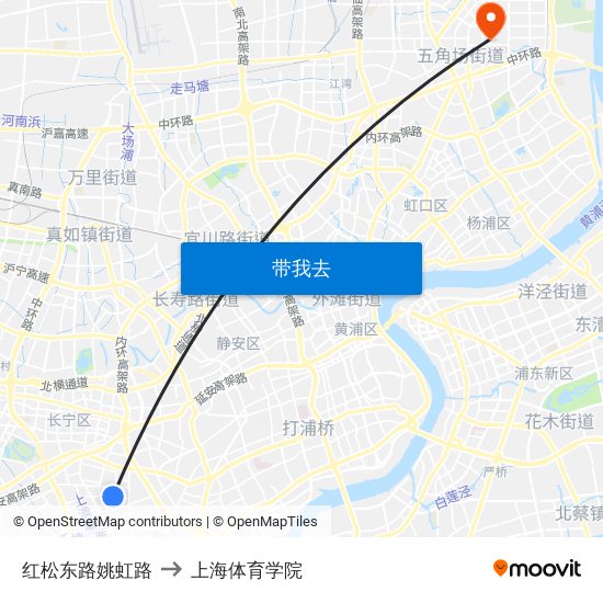 红松东路姚虹路 to 上海体育学院 map