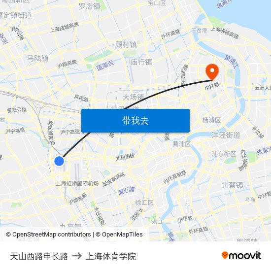 天山西路申长路 to 上海体育学院 map