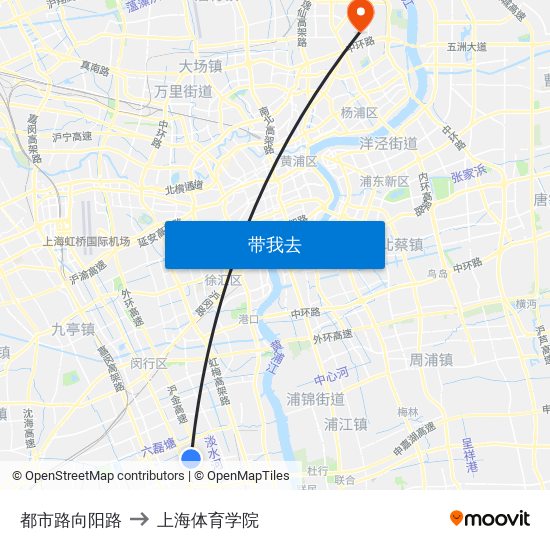 都市路向阳路 to 上海体育学院 map