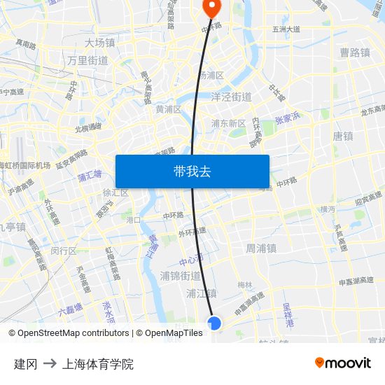 建冈 to 上海体育学院 map