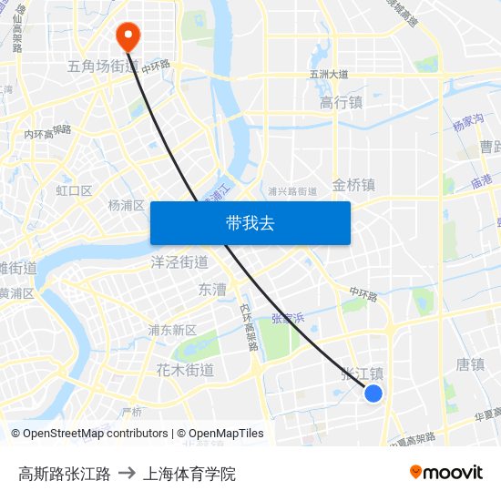高斯路张江路 to 上海体育学院 map