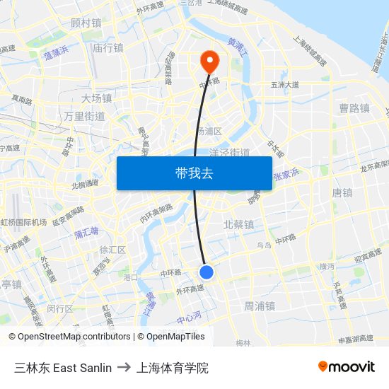 三林东 East Sanlin to 上海体育学院 map