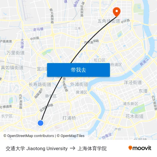 交通大学 Jiaotong University to 上海体育学院 map