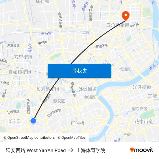 延安西路 West Yan'An Road to 上海体育学院 map