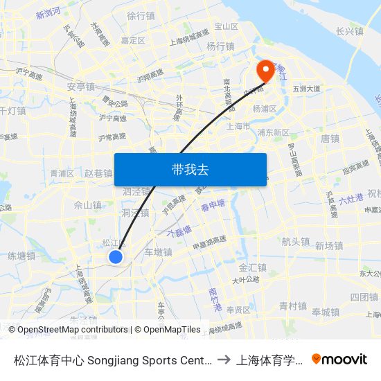 松江体育中心 Songjiang Sports Center to 上海体育学院 map
