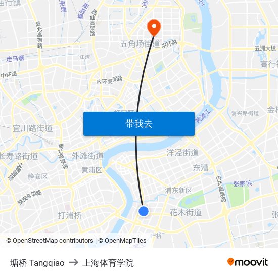 塘桥 Tangqiao to 上海体育学院 map