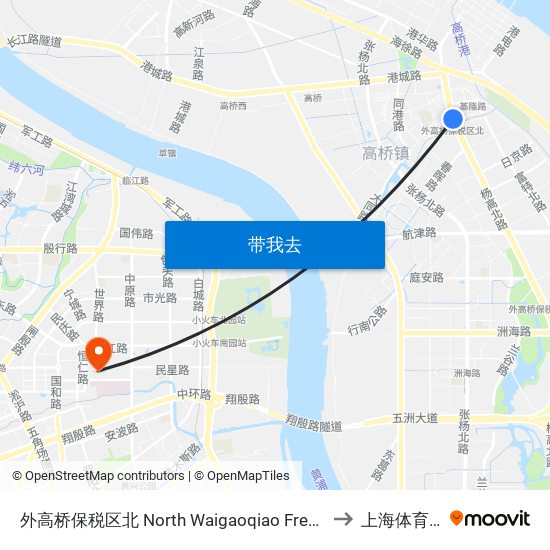 外高桥保税区北 North Waigaoqiao Free Trade Zone to 上海体育学院 map