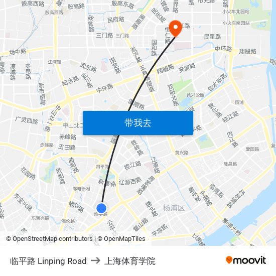 临平路 Linping Road to 上海体育学院 map
