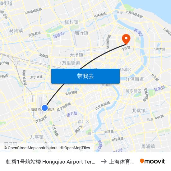 虹桥1号航站楼 Hongqiao Airport Terminal 1 to 上海体育学院 map