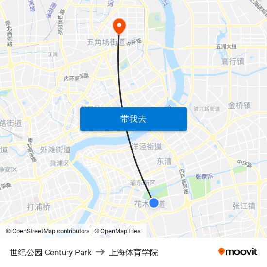 世纪公园 Century Park to 上海体育学院 map