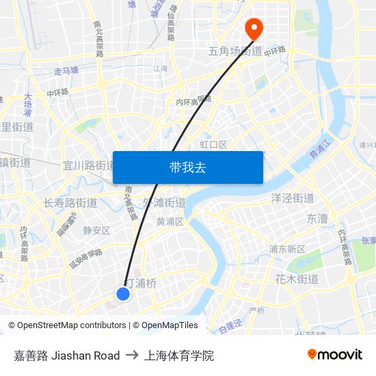 嘉善路 Jiashan Road to 上海体育学院 map