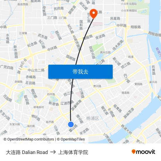 大连路 Dalian Road to 上海体育学院 map
