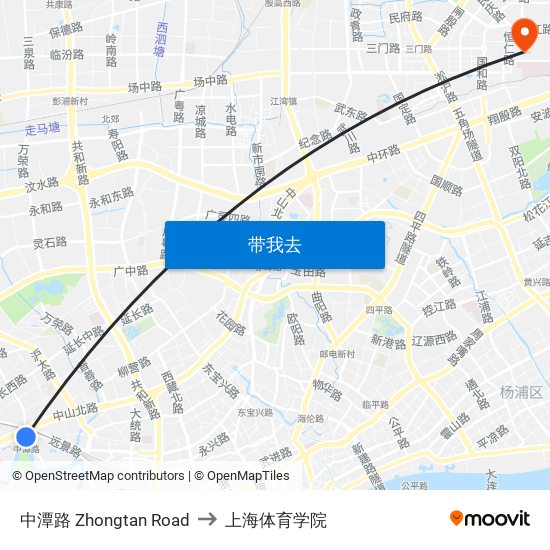 中潭路 Zhongtan Road to 上海体育学院 map