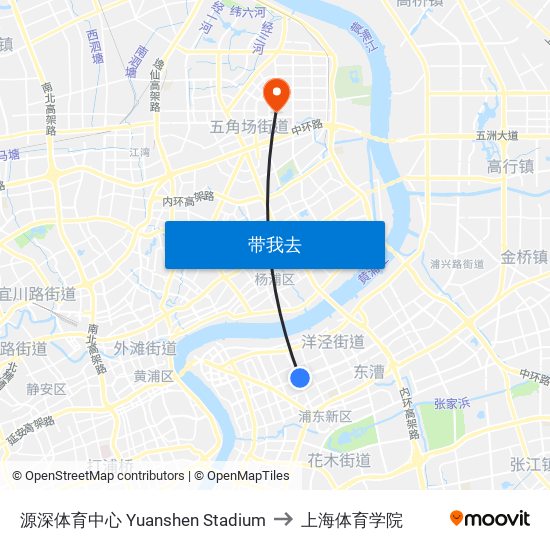 源深体育中心 Yuanshen Stadium to 上海体育学院 map