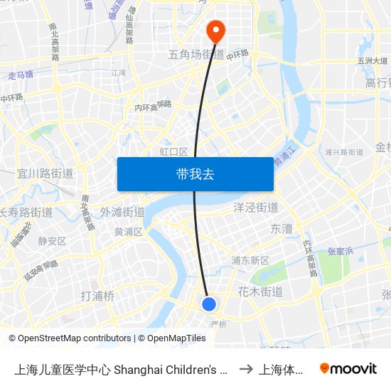 上海儿童医学中心 Shanghai Children's Medical Center to 上海体育学院 map