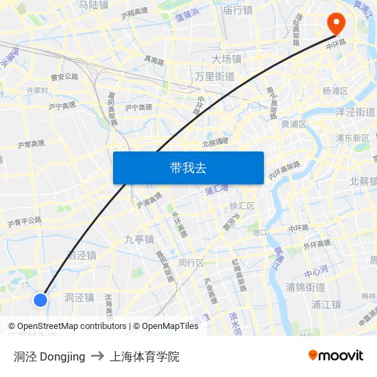 洞泾 Dongjing to 上海体育学院 map