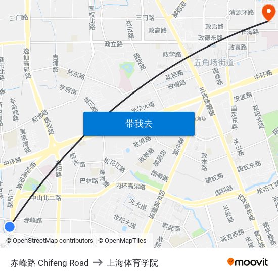 赤峰路 Chifeng Road to 上海体育学院 map