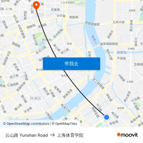 云山路 Yunshan Road to 上海体育学院 map
