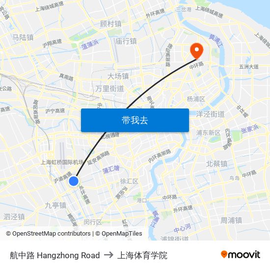 航中路 Hangzhong Road to 上海体育学院 map