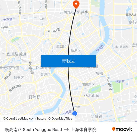 杨高南路 South Yanggao Road to 上海体育学院 map